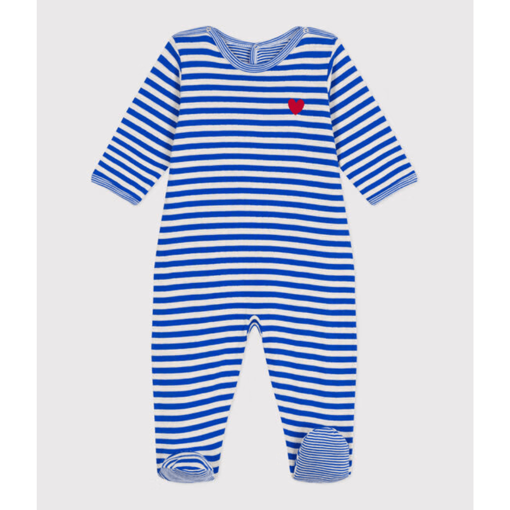 Petit Bateau / Heldragt med fødder / Blå Striber og Hjerte — billede 1